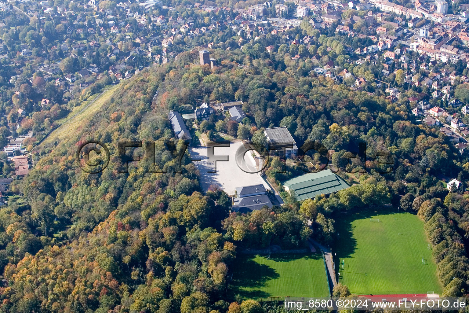 Aerial view of Sports grounds and football pitch of Sportschule Schoeneck - national soccer training center on the Turmberg in the district Durlach in Karlsruhe in the state Baden-Wurttemberg