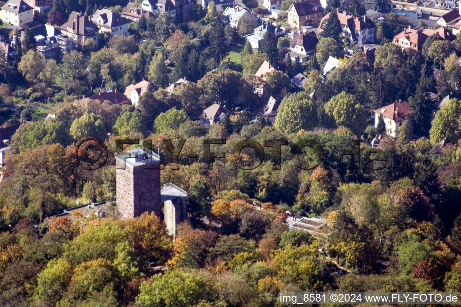 Aerial view of Structure of the observation tower on the Turmberg with Gourmetrestaurant Anders in the district Durlach in Karlsruhe in the state Baden-Wurttemberg