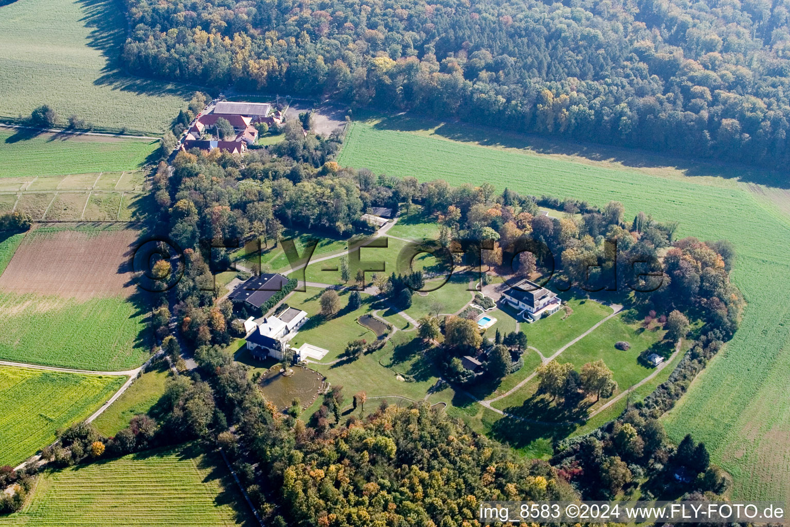 Aerial view of Schmieder estate at Rittnerthof in the district Grötzingen in Karlsruhe in the state Baden-Wuerttemberg, Germany