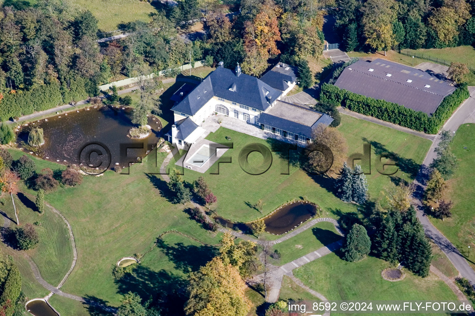 Schmieder estate at Rittnerthof in the district Grötzingen in Karlsruhe in the state Baden-Wuerttemberg, Germany from above