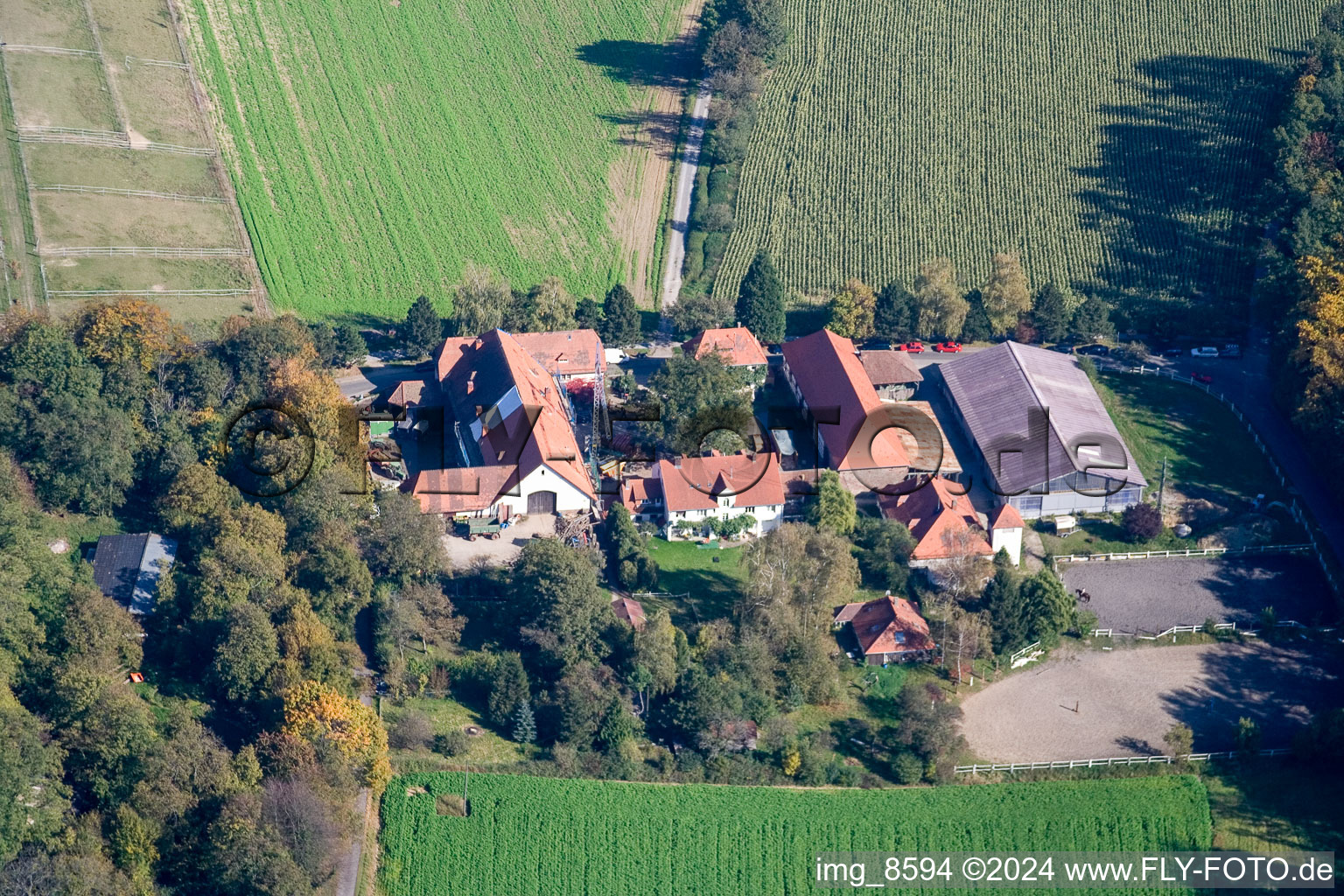 Aerial view of Rittnerhof in the district Grötzingen in Karlsruhe in the state Baden-Wuerttemberg, Germany