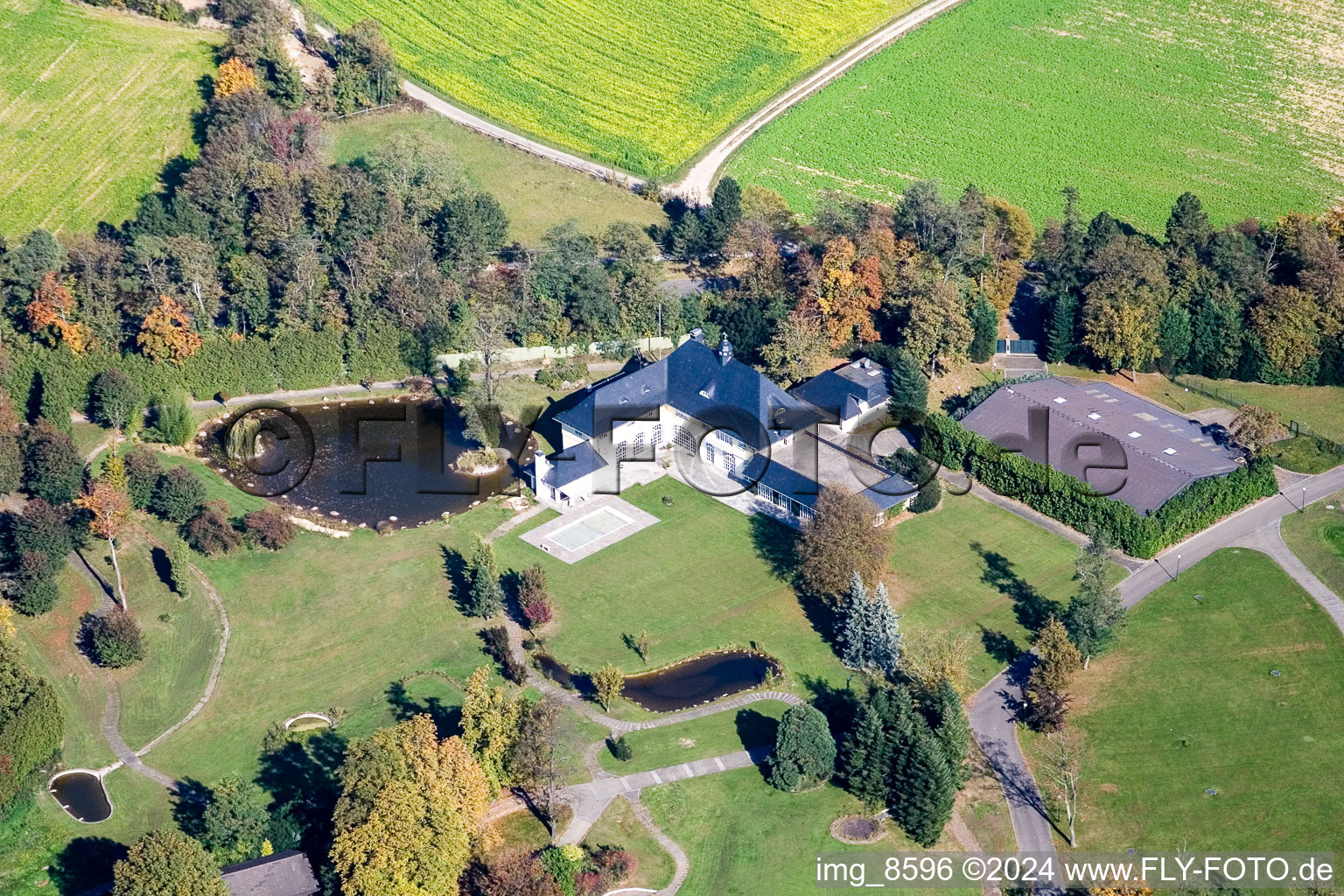 Blacksmith property at Rittnerthof in the district Grötzingen in Karlsruhe in the state Baden-Wuerttemberg, Germany seen from above