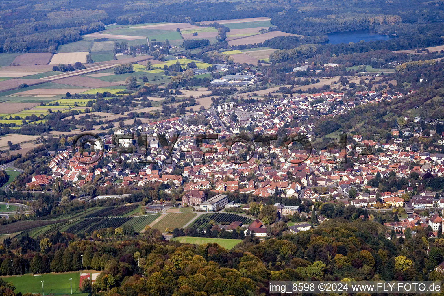 Aerial view of Town View of the streets and houses of the residential areas in the district Groetzingen in Karlsruhe in the state Baden-Wurttemberg