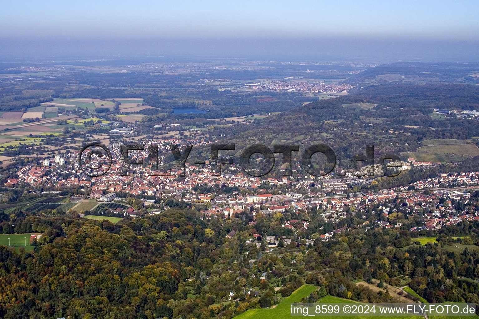 Aerial view of From the southeast in the district Grötzingen in Karlsruhe in the state Baden-Wuerttemberg, Germany