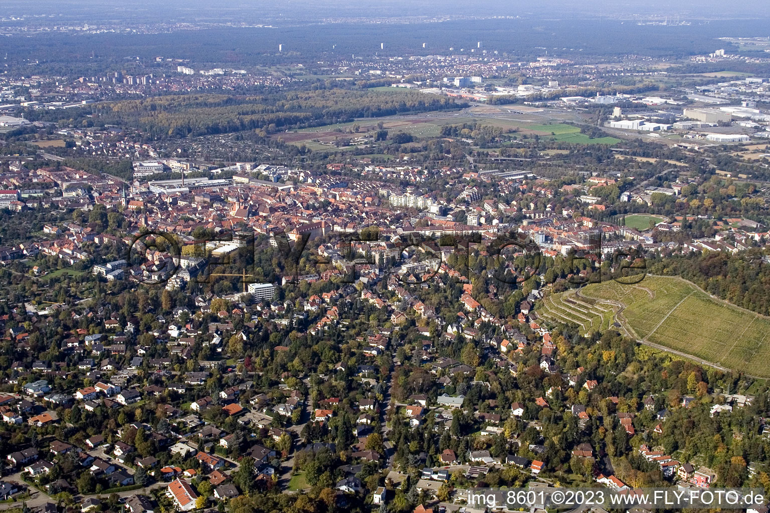 From the southeast in the district Durlach in Karlsruhe in the state Baden-Wuerttemberg, Germany