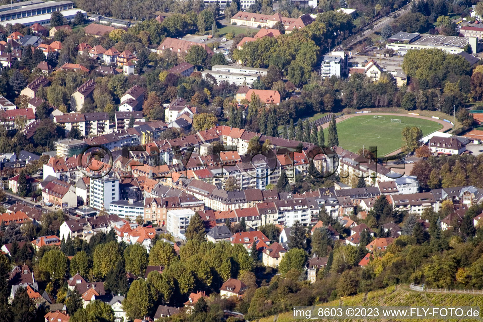 District Durlach in Karlsruhe in the state Baden-Wuerttemberg, Germany seen from above