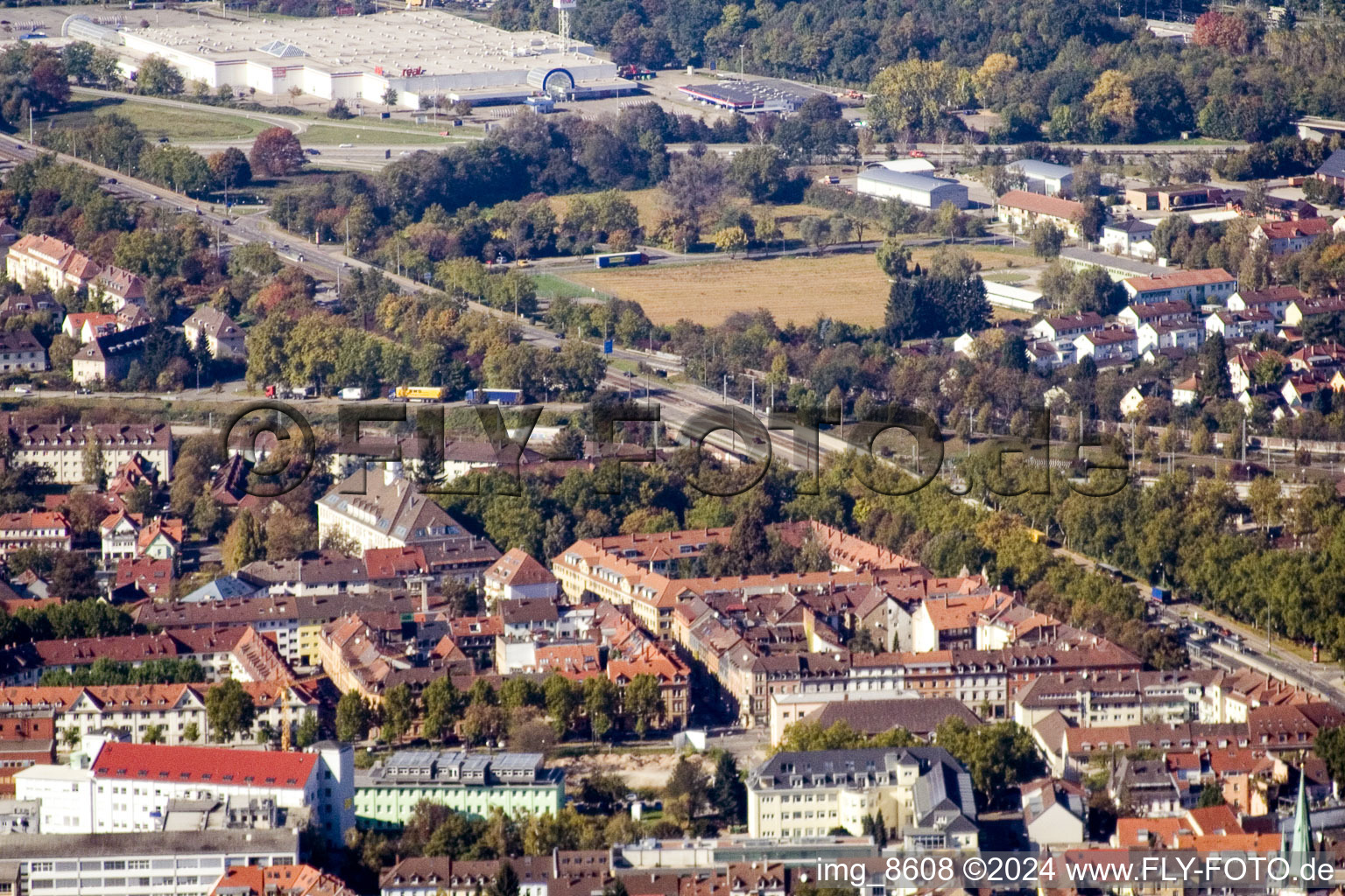 Drone image of District Durlach in Karlsruhe in the state Baden-Wuerttemberg, Germany