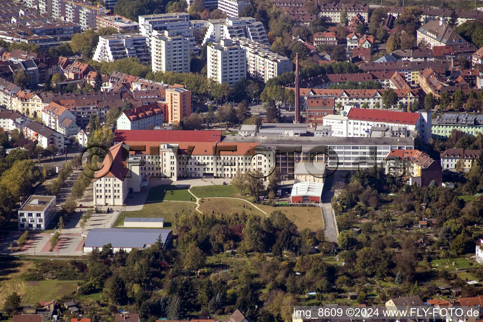 Aerial photograpy of Development area of industrial wasteland ehemaliges Pfaff-Gelaende jetzt Raumfabrik in the district Durlach in Karlsruhe in the state Baden-Wurttemberg