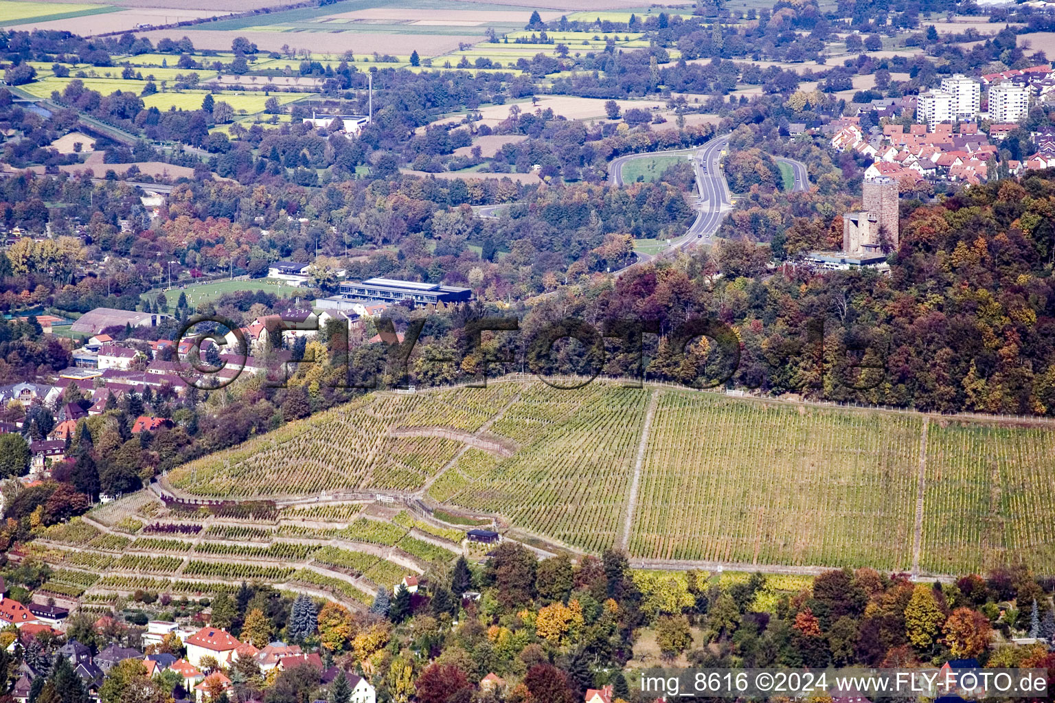 Aerial photograpy of Structure of the observation tower on the Turmberg with Gourmetrestaurant Anders in the district Durlach in Karlsruhe in the state Baden-Wurttemberg