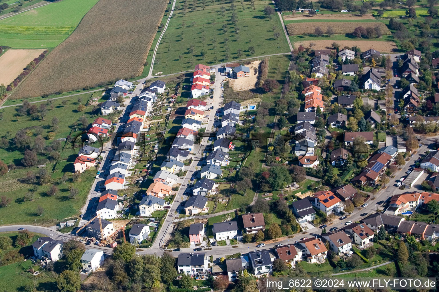 District Hohenwettersbach in Karlsruhe in the state Baden-Wuerttemberg, Germany from the plane