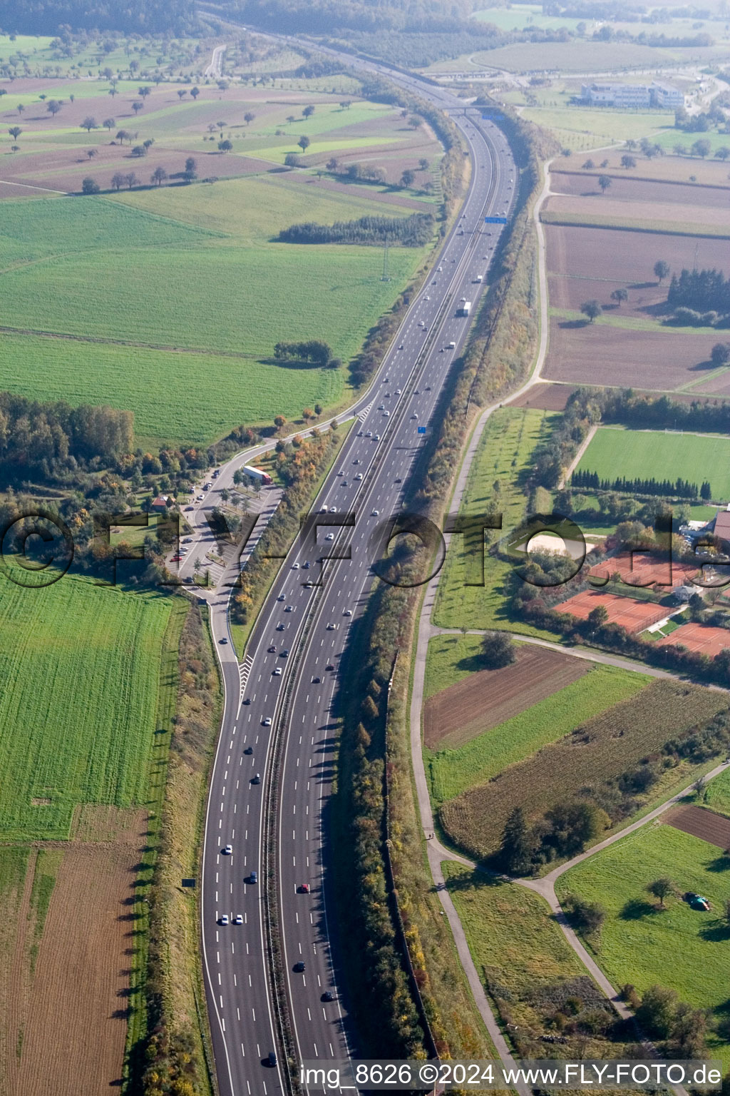 Routing and traffic lanes during the motorway service station and parking lot of the BAB A 8 in the district Hohenwettersbach in Karlsruhe in the state Baden-Wurttemberg