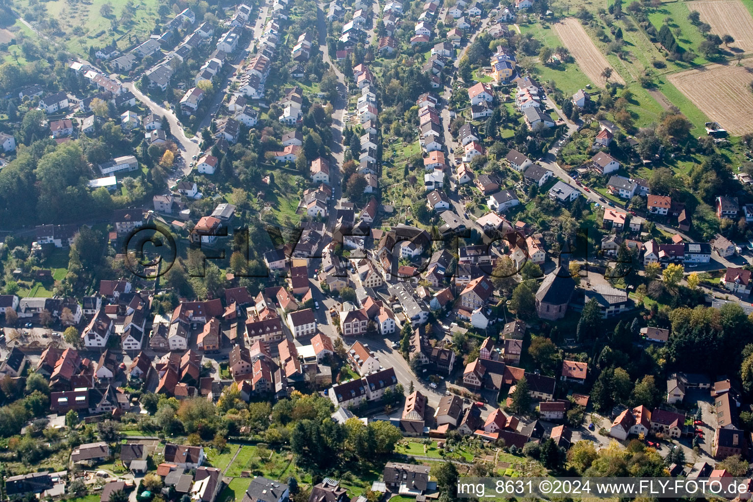 District Grünwettersbach in Karlsruhe in the state Baden-Wuerttemberg, Germany seen from above