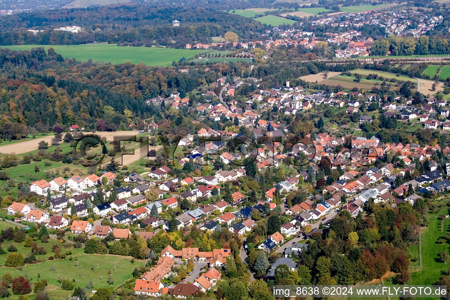 Aerial view of Village view in the district Gruenwettersbach in Karlsruhe in the state Baden-Wurttemberg