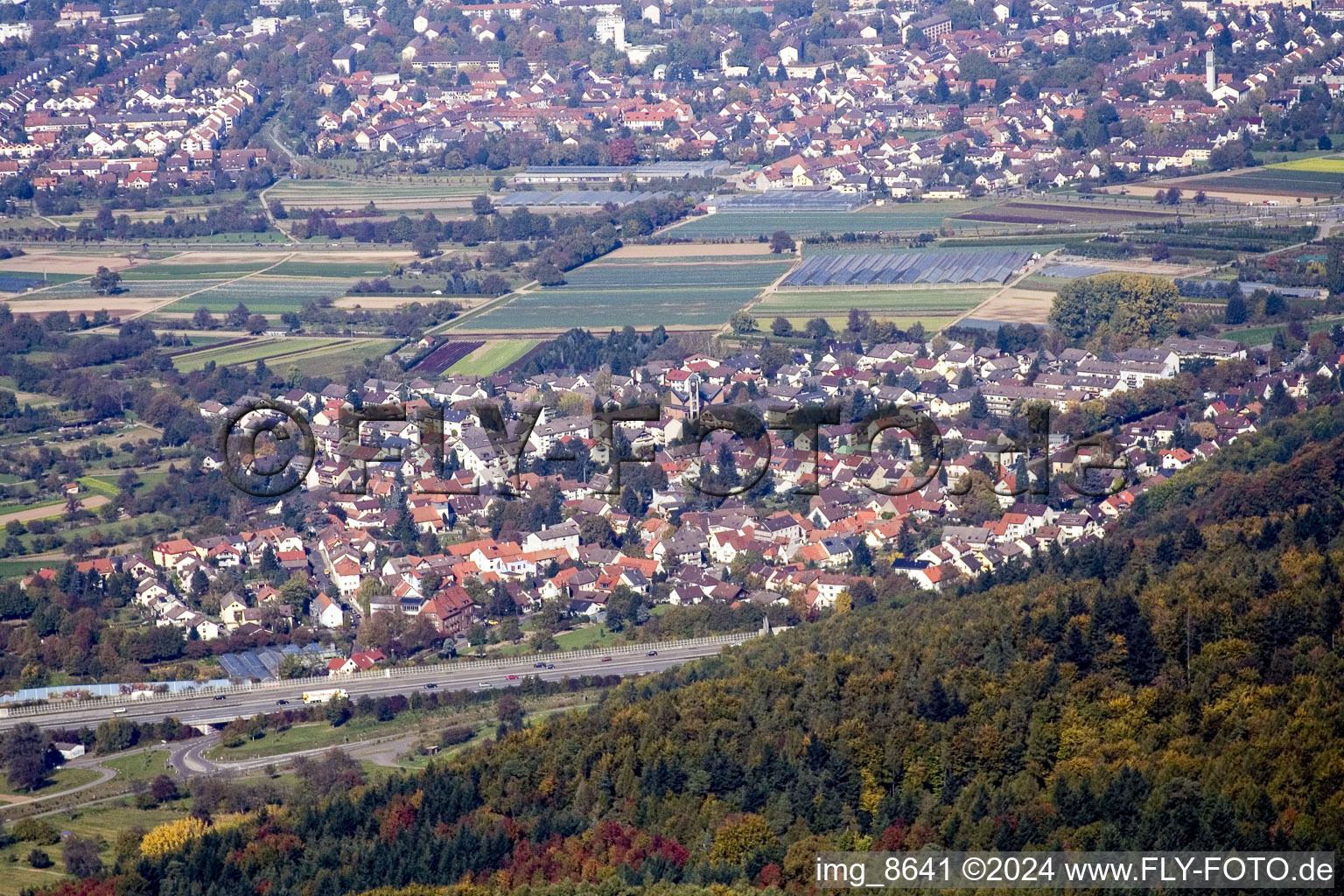 District Wolfartsweier in Karlsruhe in the state Baden-Wuerttemberg, Germany from the drone perspective