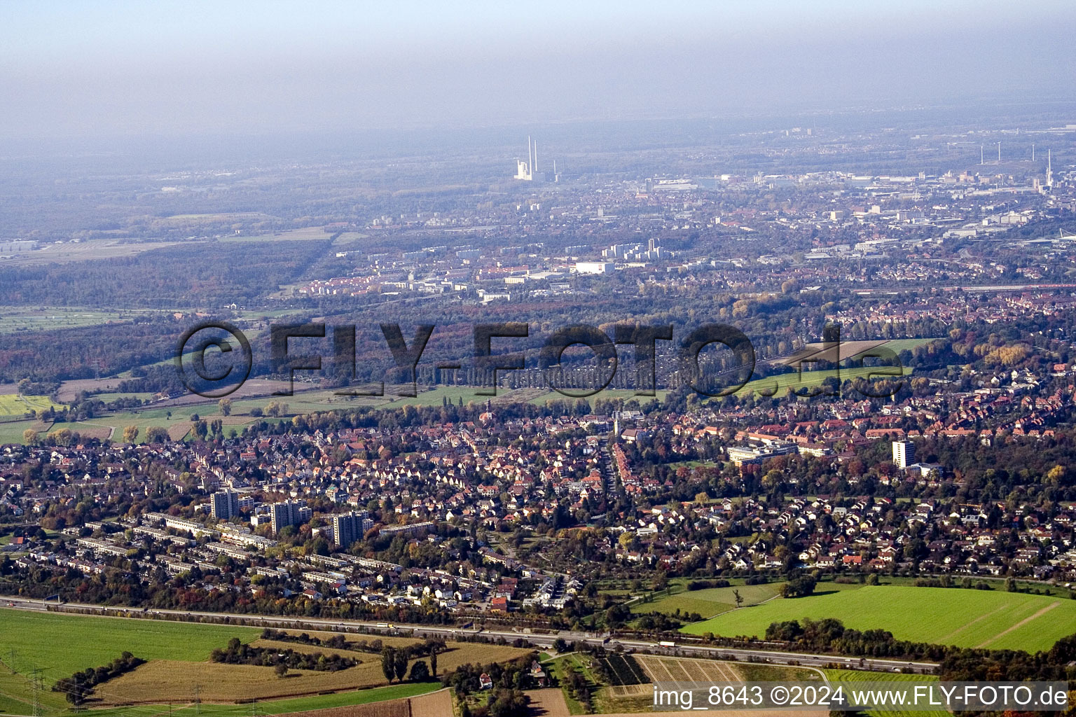 From the east in the district Rüppurr in Karlsruhe in the state Baden-Wuerttemberg, Germany