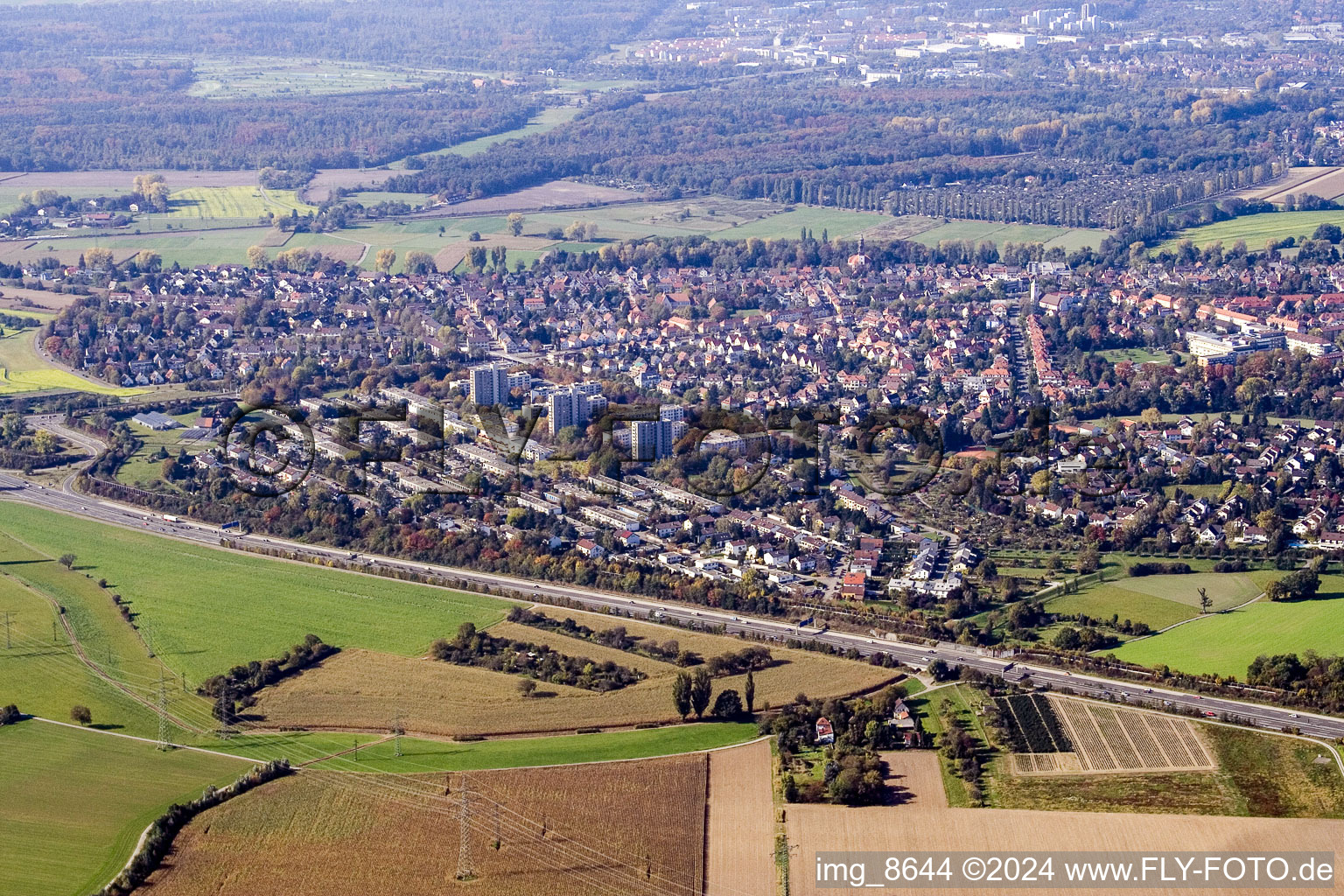 Aerial view of From the east in the district Rüppurr in Karlsruhe in the state Baden-Wuerttemberg, Germany