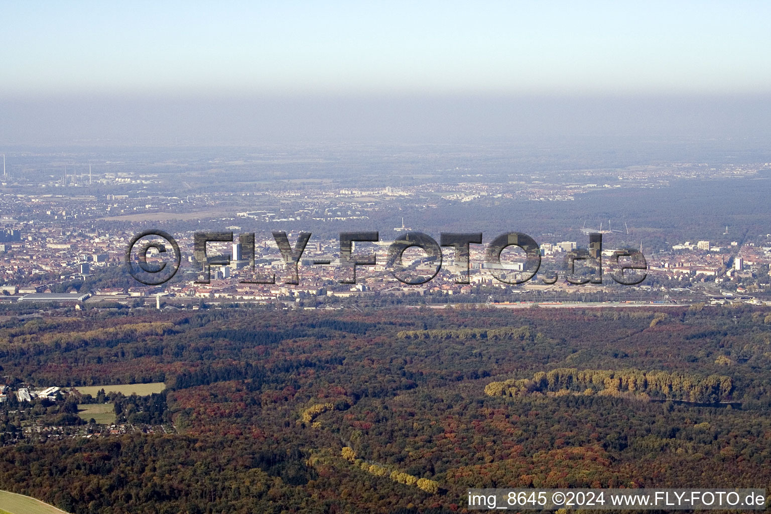 Oberwald from the southeast in the district Durlach in Karlsruhe in the state Baden-Wuerttemberg, Germany