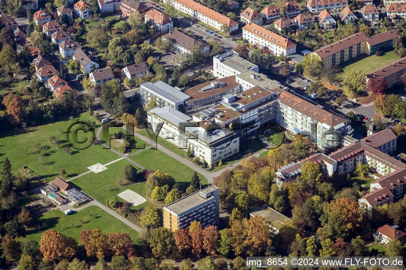 Aerial view of Hospital grounds of the Clinic Ev. Diakonissenanstalt Karlsruhe-Rueppurr in the district Rueppurr in Karlsruhe in the state Baden-Wurttemberg, Germany