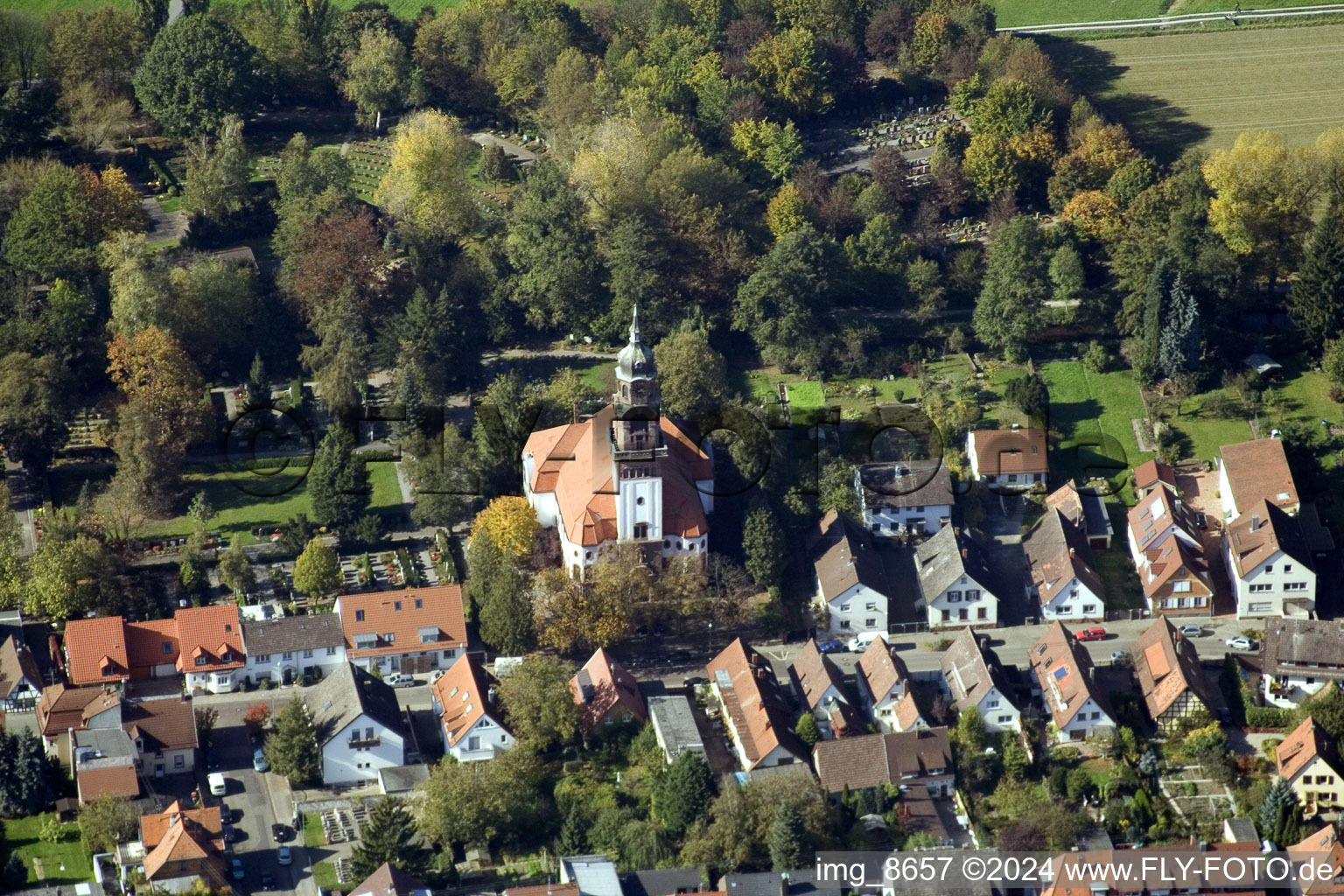 Aerial photograpy of Resurrection Church in the district Rüppurr in Karlsruhe in the state Baden-Wuerttemberg, Germany