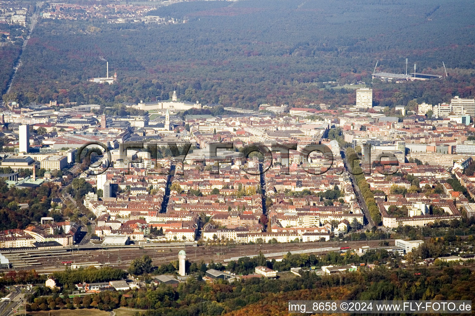 From the south in the district Südstadt in Karlsruhe in the state Baden-Wuerttemberg, Germany