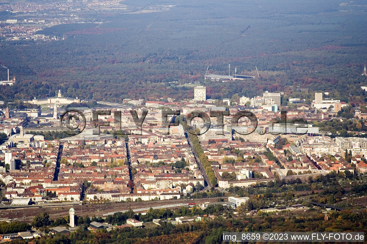 Aerial view of From the south in the district Südstadt in Karlsruhe in the state Baden-Wuerttemberg, Germany
