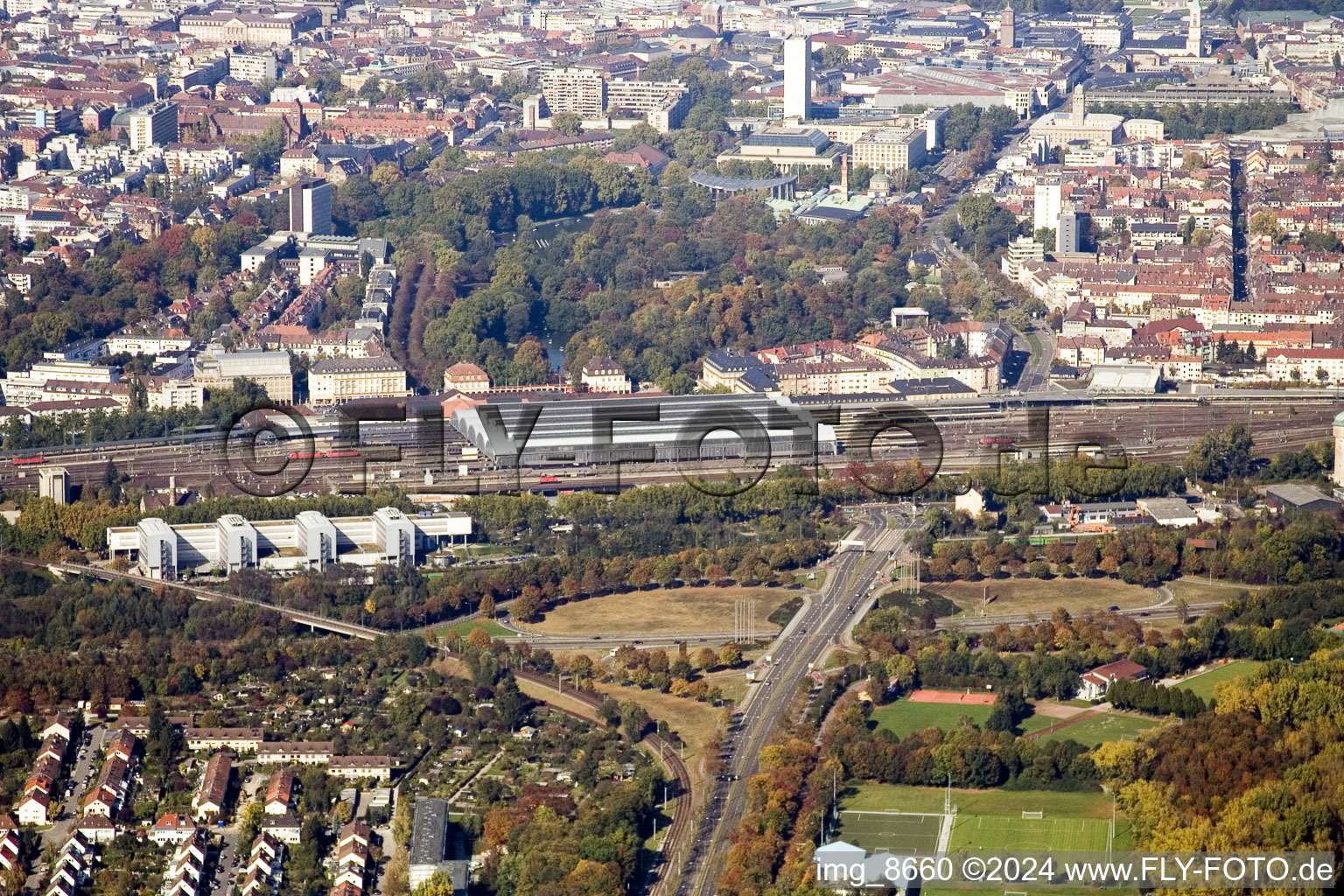 Main station from the south in the district Südweststadt in Karlsruhe in the state Baden-Wuerttemberg, Germany