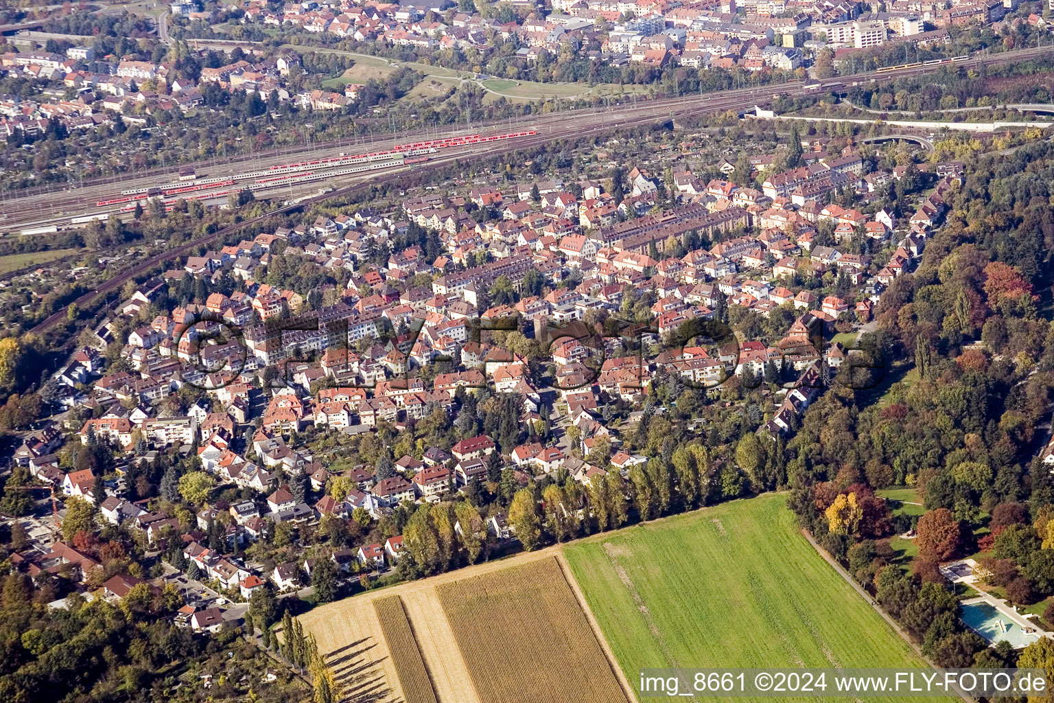 District Weiherfeld-Dammerstock in Karlsruhe in the state Baden-Wuerttemberg, Germany from the plane