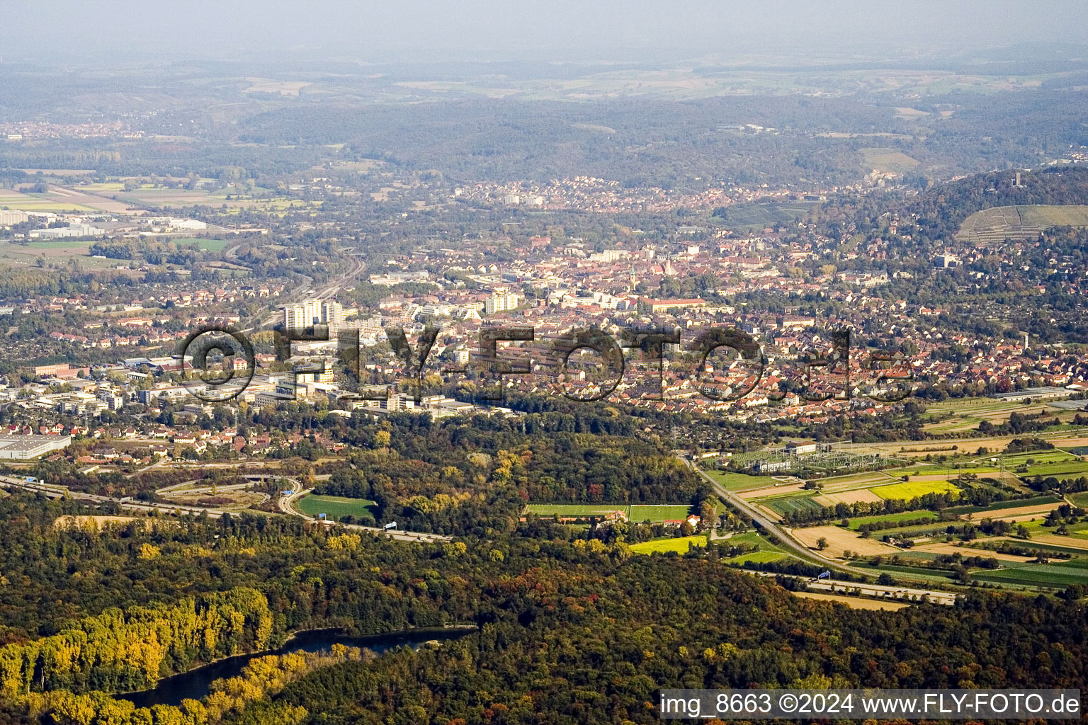 Aerial view of From the southwest in the district Durlach in Karlsruhe in the state Baden-Wuerttemberg, Germany