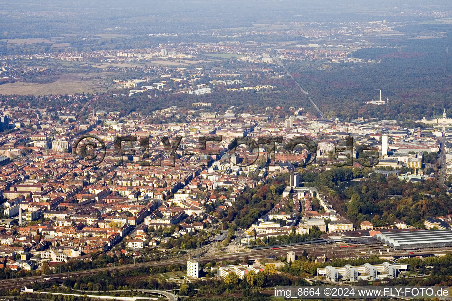 From the south in the district Südweststadt in Karlsruhe in the state Baden-Wuerttemberg, Germany