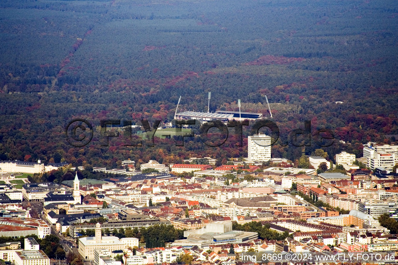 From the south in the district Innenstadt-Ost in Karlsruhe in the state Baden-Wuerttemberg, Germany