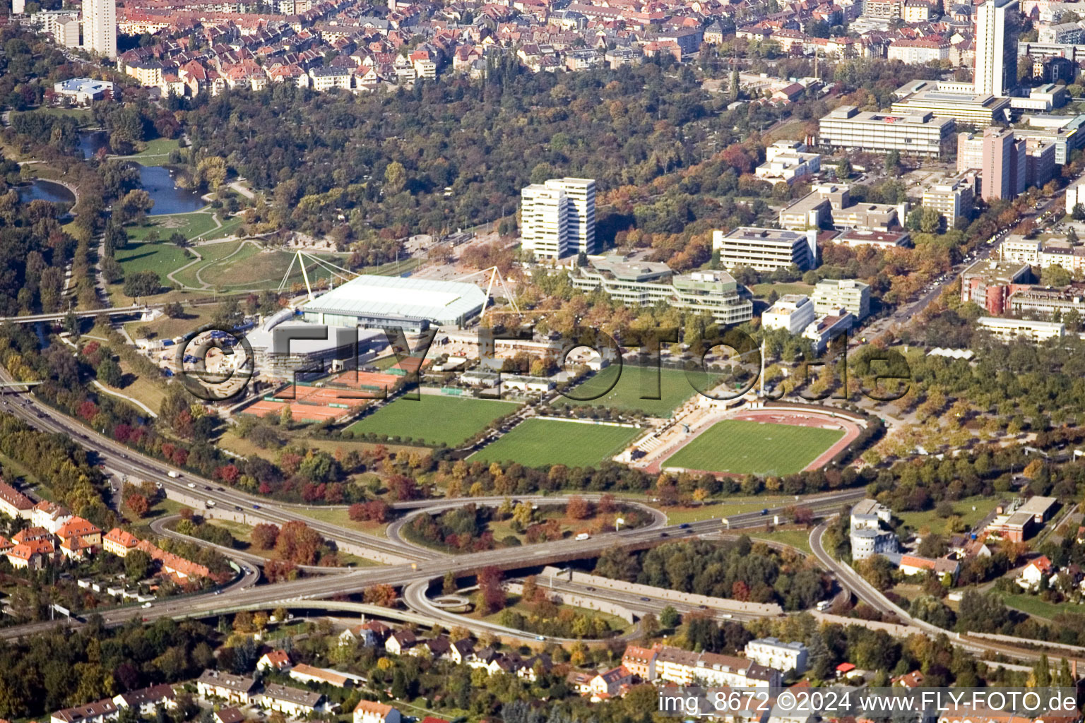 Aerial view of Europahalle in the district Südweststadt in Karlsruhe in the state Baden-Wuerttemberg, Germany