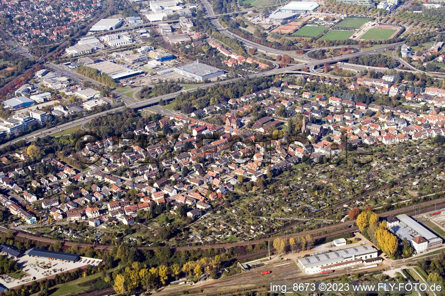 District Beiertheim-Bulach in Karlsruhe in the state Baden-Wuerttemberg, Germany viewn from the air