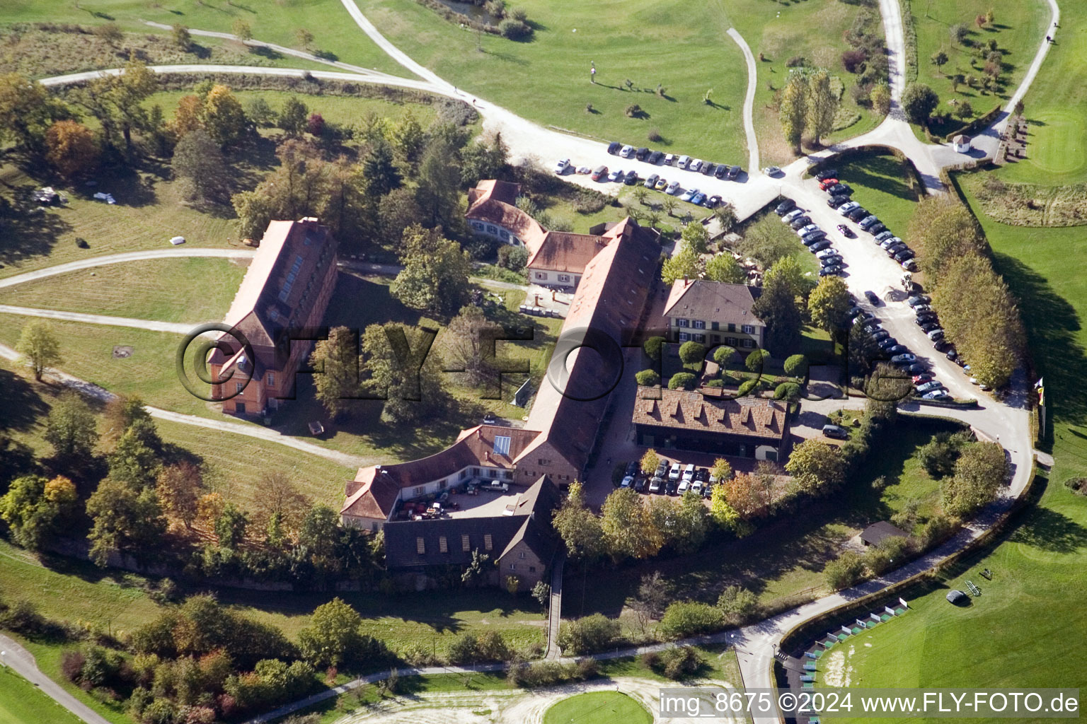 Aerial view of Golf Club Hofgut Scheibenhardt in the district Beiertheim-Bulach in Karlsruhe in the state Baden-Wuerttemberg, Germany