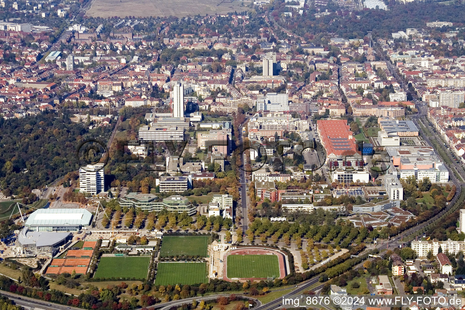 Aerial photograpy of Europahalle in the district Südweststadt in Karlsruhe in the state Baden-Wuerttemberg, Germany