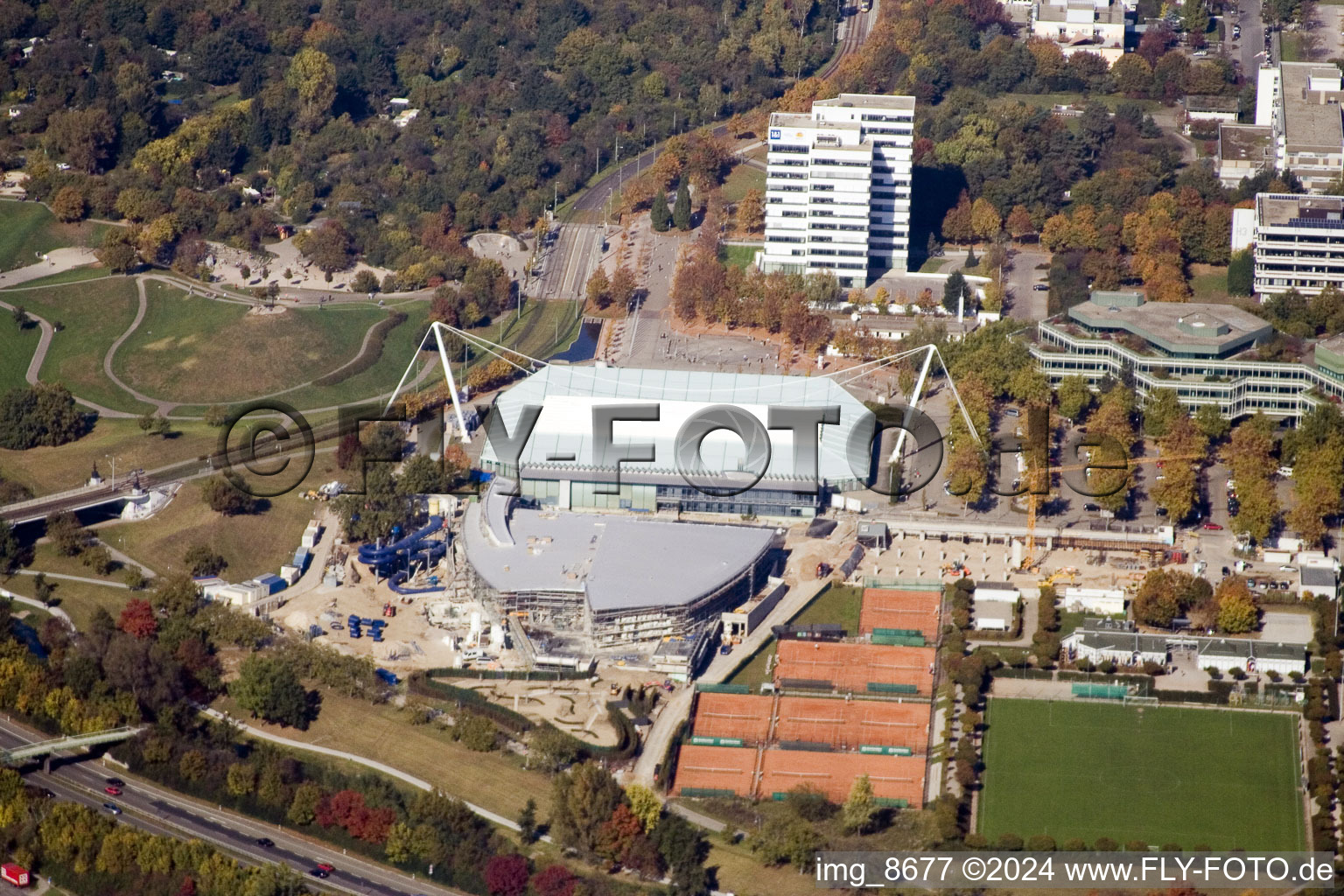 Oblique view of Europahalle in the district Südweststadt in Karlsruhe in the state Baden-Wuerttemberg, Germany