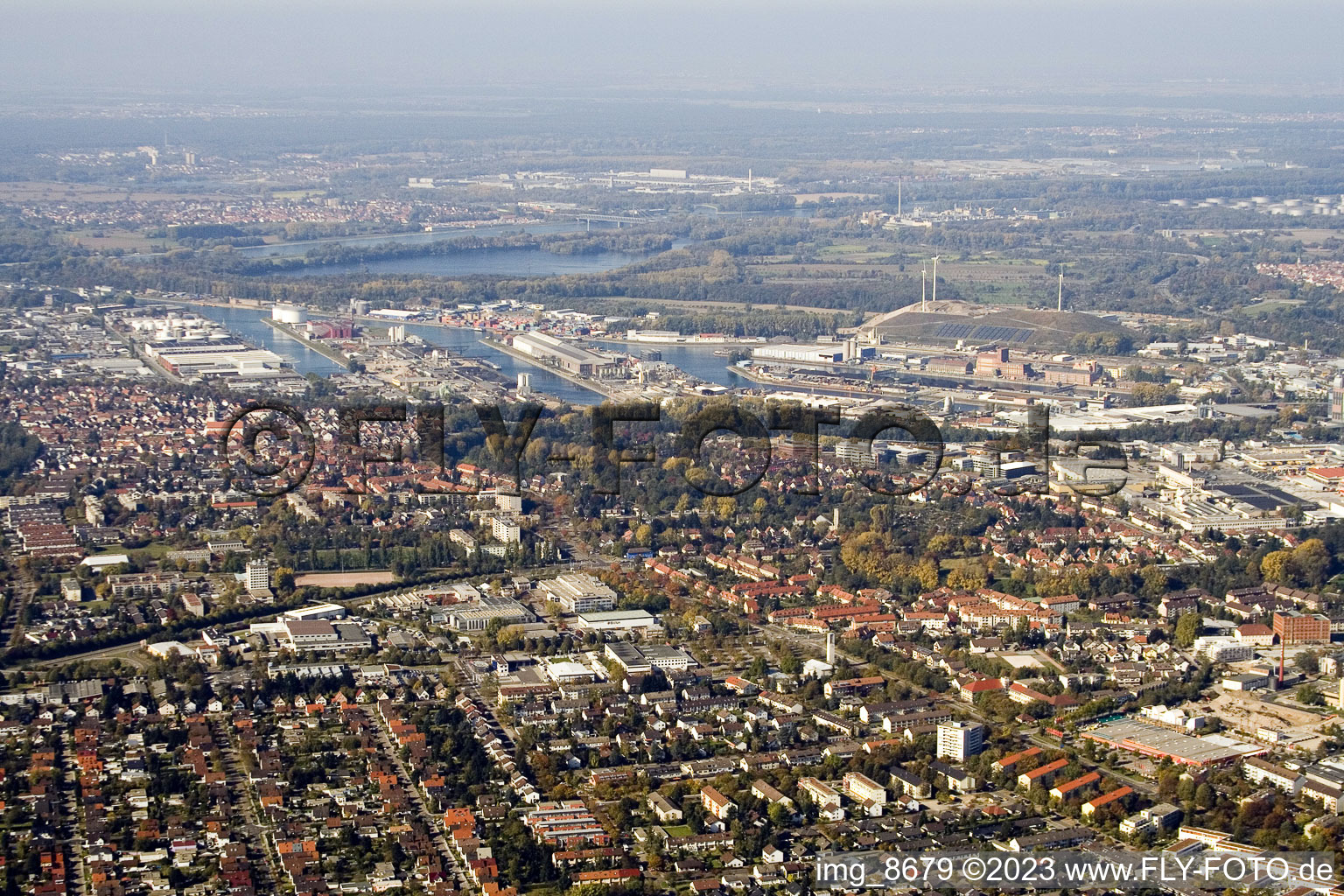 Grünwinkel and harbor from the east in the district Daxlanden in Karlsruhe in the state Baden-Wuerttemberg, Germany