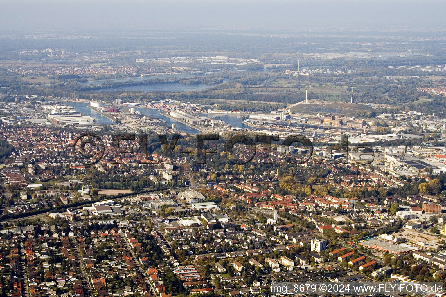 Grünwinkel and harbour from the east in the district Daxlanden in Karlsruhe in the state Baden-Wuerttemberg, Germany