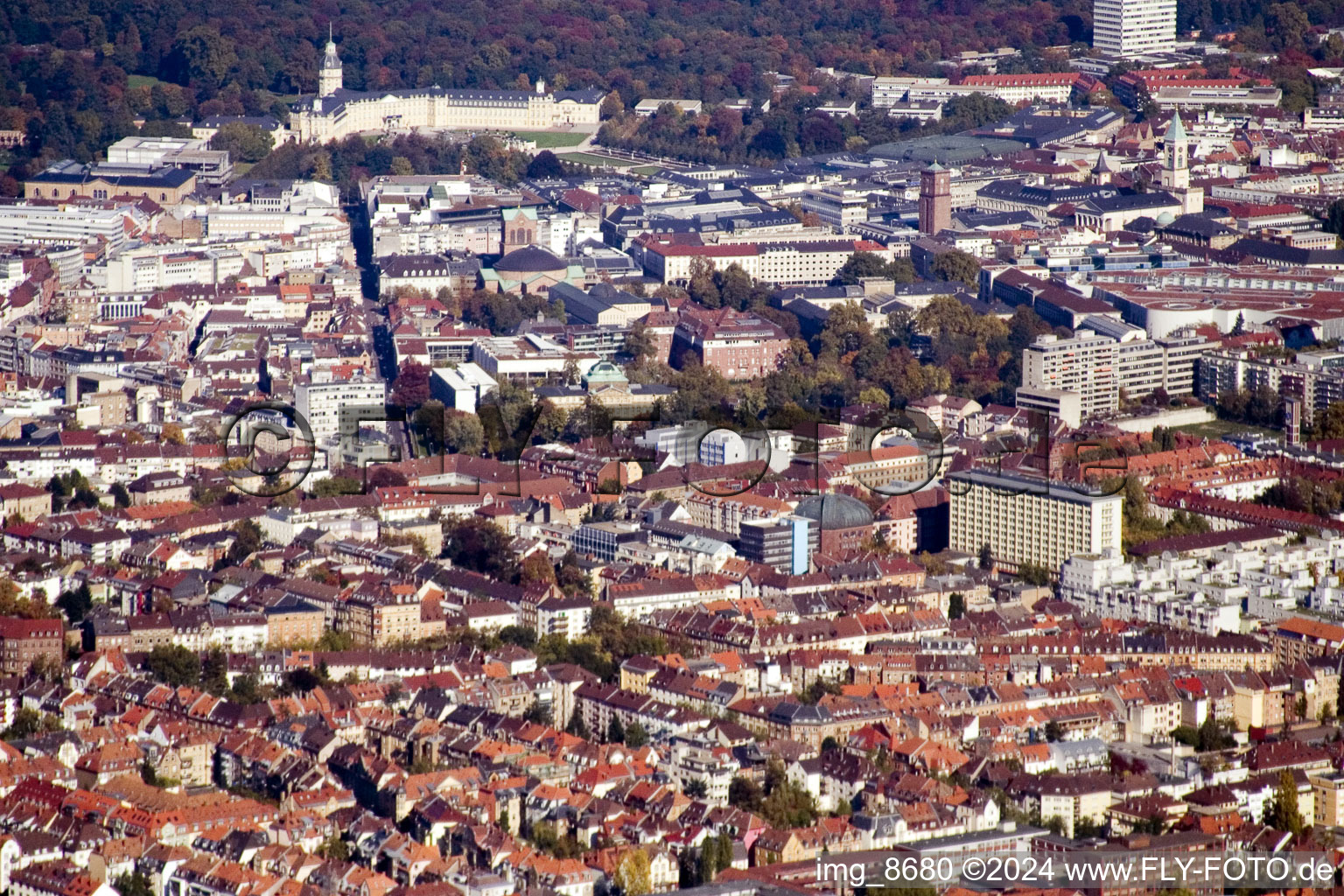 From the southwest in the district Innenstadt-West in Karlsruhe in the state Baden-Wuerttemberg, Germany