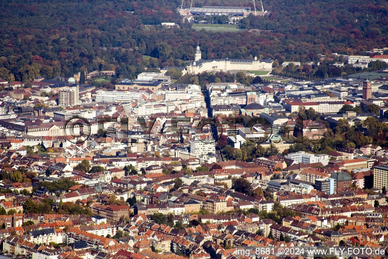 Panoramic city view of downtown area in Karlsruhe with Stadium, Castle, Herrenstrasse in the state Baden-Wurttemberg