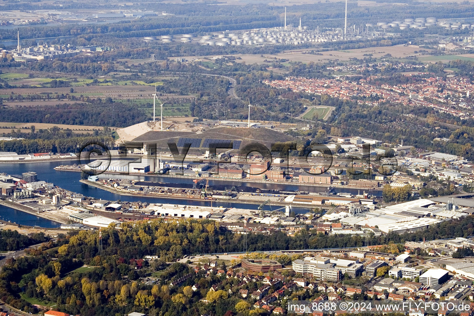 Daxlanden and port from the southeast in the district Mühlburg in Karlsruhe in the state Baden-Wuerttemberg, Germany