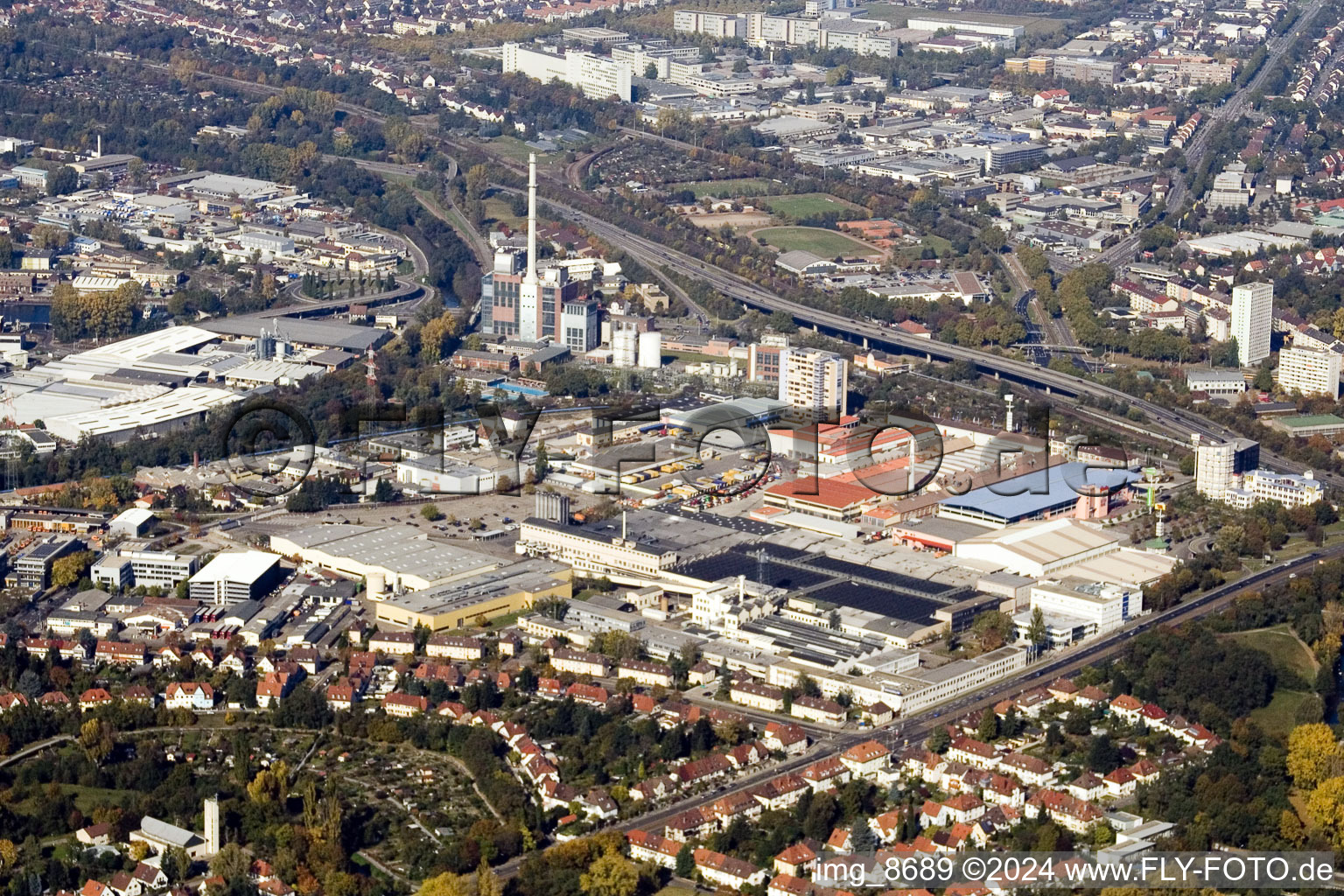 Daxlanden and port from the southeast in the district Grünwinkel in Karlsruhe in the state Baden-Wuerttemberg, Germany