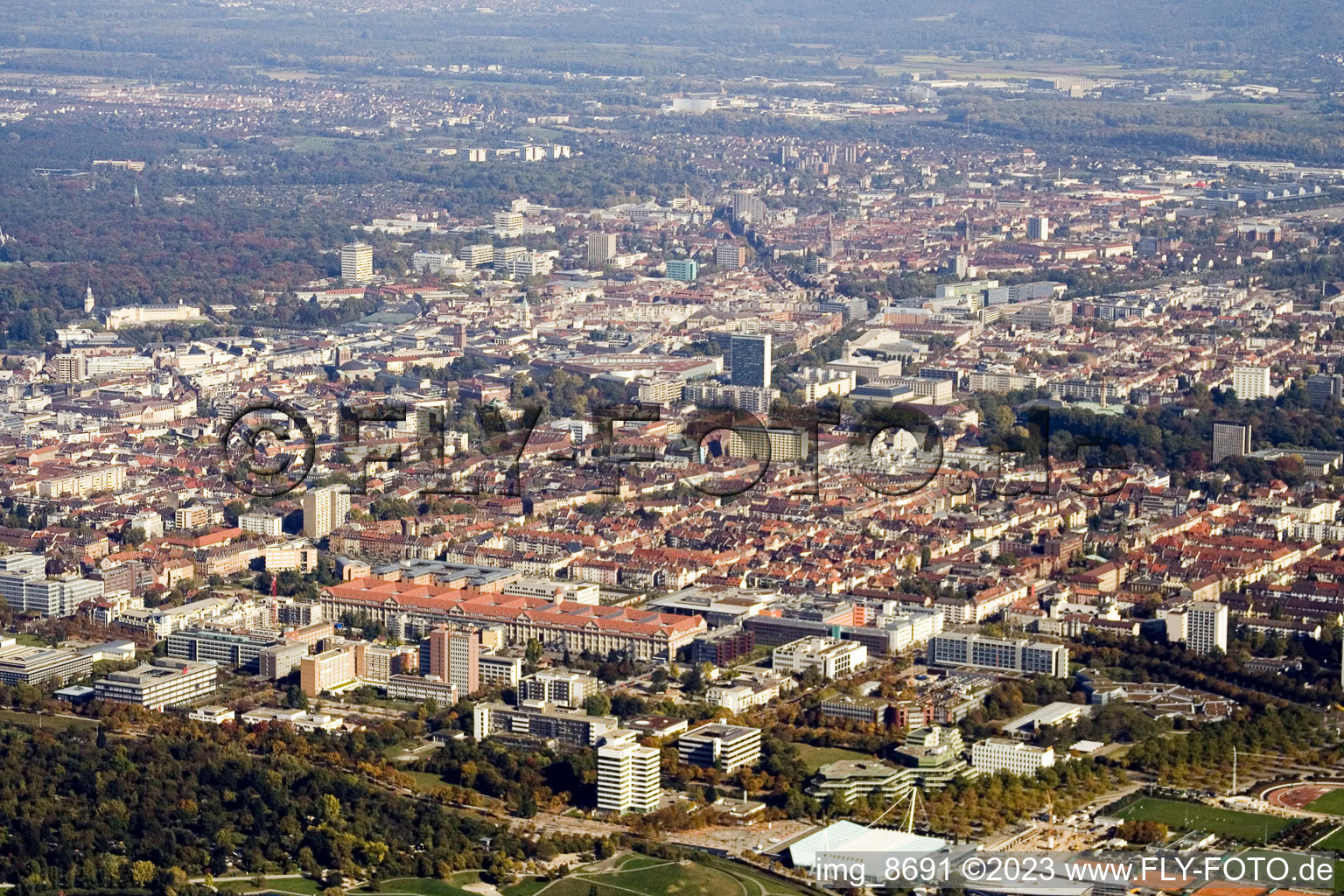 Aerial view of District Südweststadt in Karlsruhe in the state Baden-Wuerttemberg, Germany