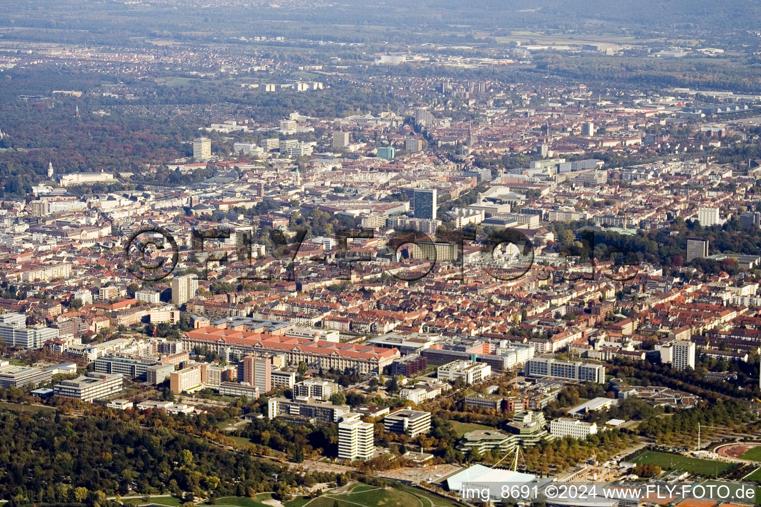 Aerial view of District Südweststadt in Karlsruhe in the state Baden-Wuerttemberg, Germany