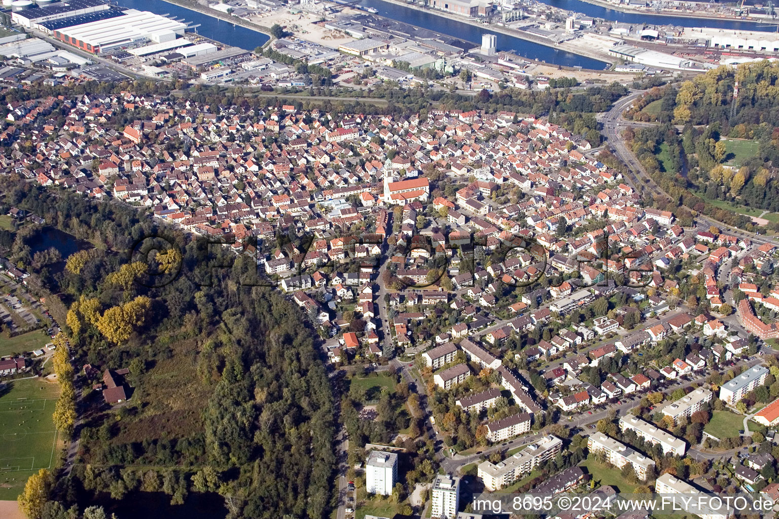 Aerial view of District Daxlanden in Karlsruhe in the state Baden-Wuerttemberg, Germany