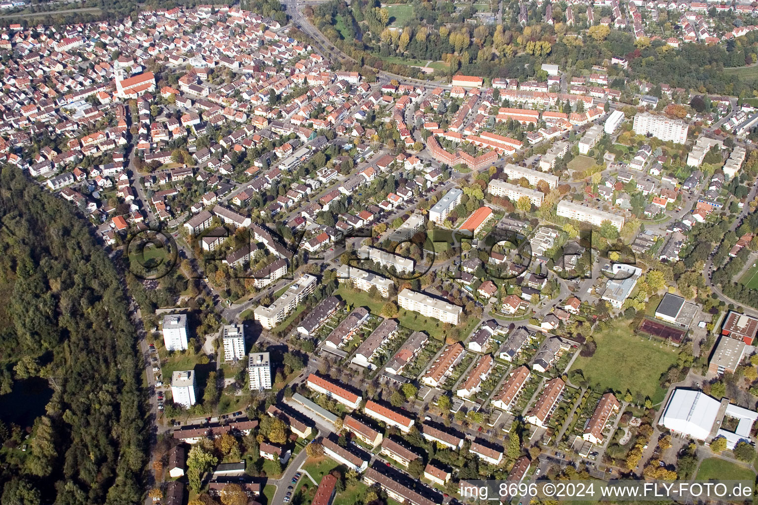 Aerial photograpy of District Daxlanden in Karlsruhe in the state Baden-Wuerttemberg, Germany