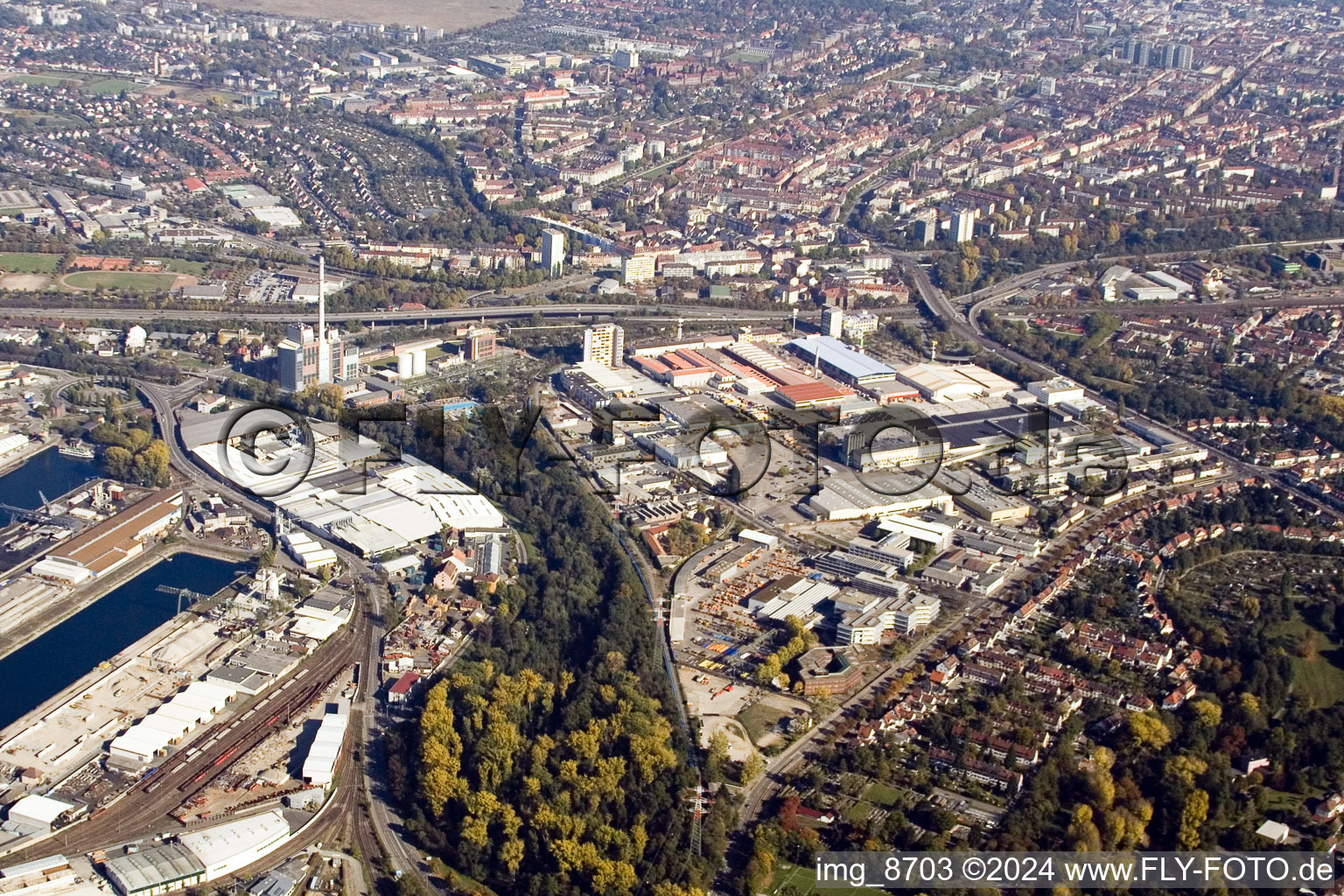 Drone image of District Rheinhafen in Karlsruhe in the state Baden-Wuerttemberg, Germany