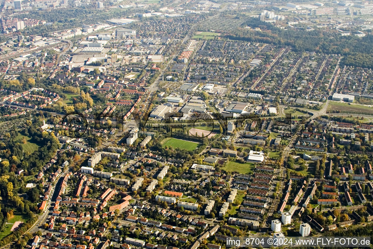 From the west in the district Daxlanden in Karlsruhe in the state Baden-Wuerttemberg, Germany