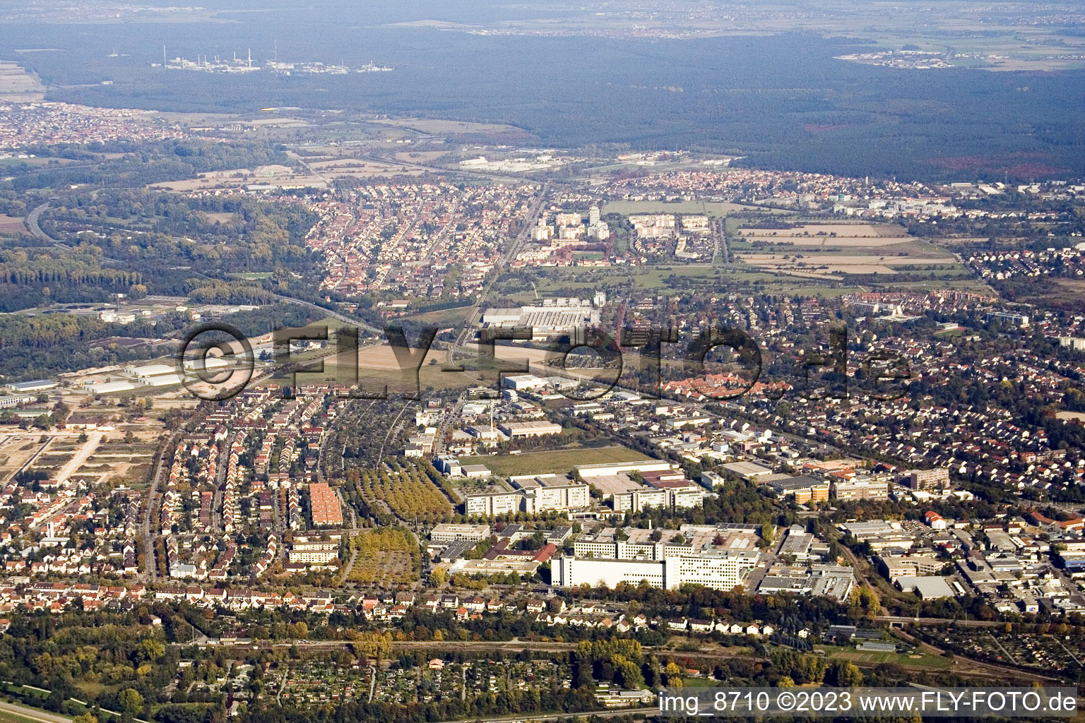 And Neureut from the south in the district Knielingen in Karlsruhe in the state Baden-Wuerttemberg, Germany