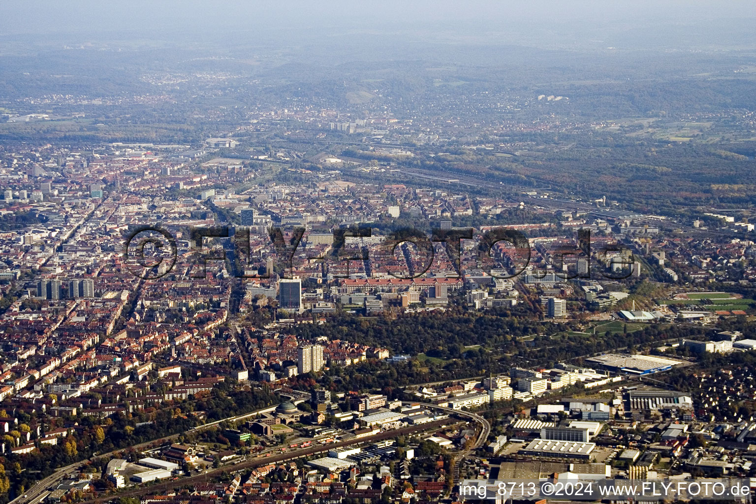 From the west in the district Südweststadt in Karlsruhe in the state Baden-Wuerttemberg, Germany