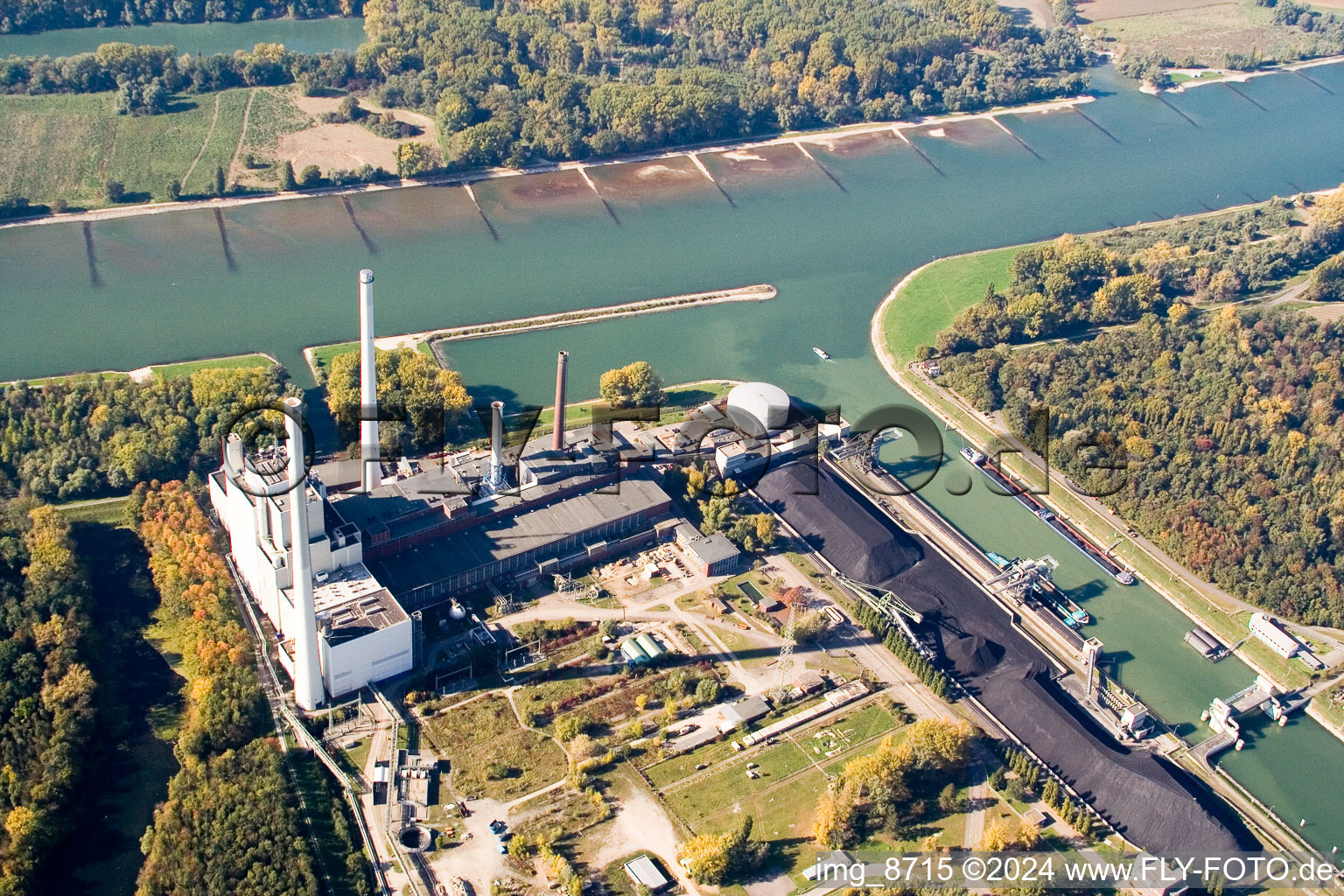 Aerial view of Power plant in the district Rheinhafen in Karlsruhe in the state Baden-Wuerttemberg, Germany